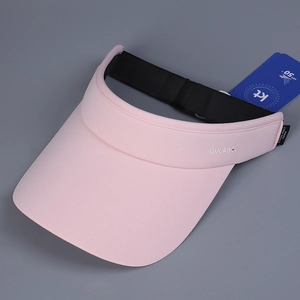 Detail of pink visor with UVLABEL embroidery and UPF 50 plus protective hangtag