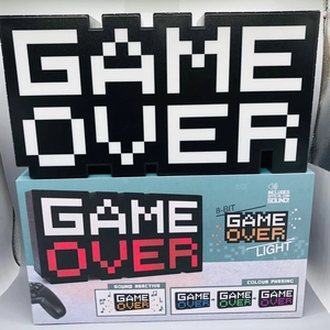Detail of 8-bit GAME OVER LED light with sound reactive mode and color phasing features