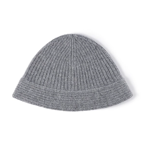 Thick grey knitted wool bucket hat for women with warm ribbed texture and folded brim