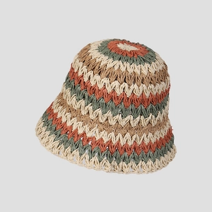 Close-up of handmade crochet bucket hat featuring colorful wavy knit textures