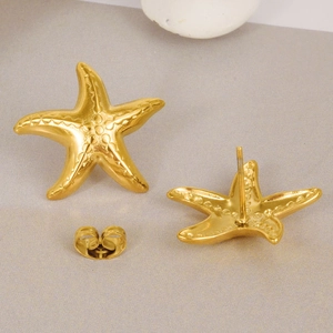 Minimalist 18k gold plated stainless steel starfish stud earrings with textured surface