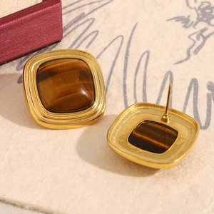 Square tiger eye stud earrings with 18K gold plated stainless steel vintage design