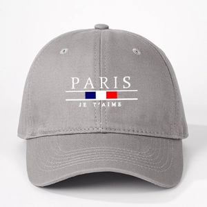 Grey Paris Je T'aime baseball cap with French flag stripes on a white background