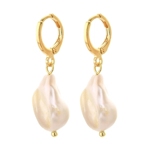 Detail of 14K gold plated huggie earrings featuring elegant white baroque pearls