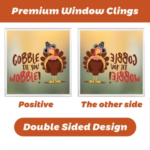 Double-sided Thanksgiving turkey window cling showing the positive and reverse side views