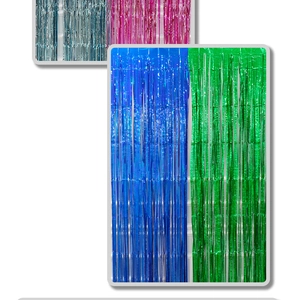 Close-up of multicolored metallic foil fringe curtains in blue, green, pink, and silver