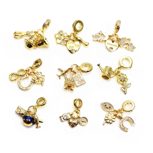 Large Hole DIY Charms Gold Plated Copper Pendants Cubic Zirconia Heart Clover Travel Themes For Snake Chain Bracelets