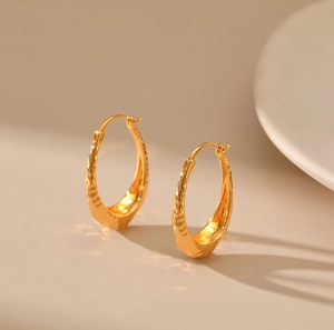 French vintage irregular textured oval hoop earrings with 18k gold plating finish