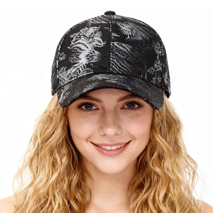 Black baseball cap with silver ink style print featuring traditional Chinese dragon pattern
