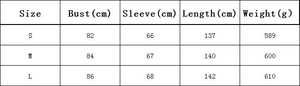 Detailed size chart for elegant knit dress showing S, M, L measurements in cm and weight in grams