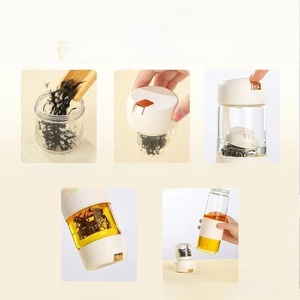 Five-step guide showing magnetic glass tea infuser with one-click弹射 and filtration steps