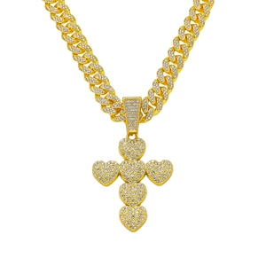 Hip Hop Heart Cross Pendant Necklace Iced Out Rhinestone Cuban Link Chain Jewelry For Men