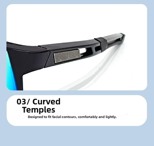 Detail of ergonomic curved temple on blue-coated sports sunglasses for cycling