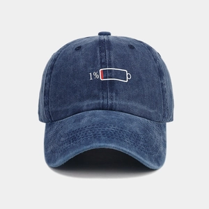 Detail of 1 percent low battery embroidery on vintage washed navy baseball cap