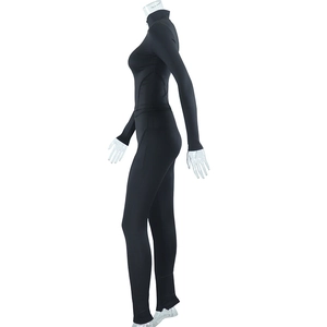 Detailed side view of black zipper stand collar jacket and high waist yoga pants set
