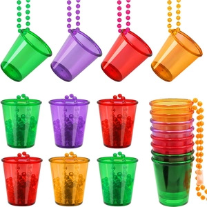 Set of colorful plastic shot glass necklaces for bachelorette parties in four vibrant colors