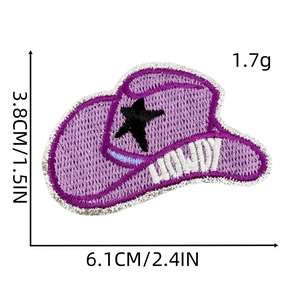 Purple cowgirl hat embroidery patch with Howdy lettering and exact size dimensions