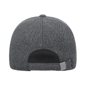 Back view of a thick grey wool baseball cap for men with adjustable metal buckle strap