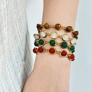 Round Stone Bracelet Stainless Steel Gold Plated Boho Retro Elegant Adjustable Link Jewelry For Women
