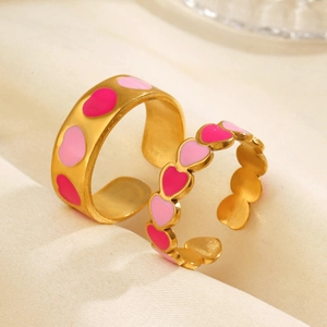 Anelli A Cuore Per Donna Smalto Rosa Acciaio Inossidabile Placcato Oro 18K Anello Aperto Regolabile Gioielli