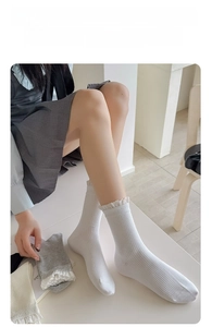 Détail montrant la maille côtelée verticale et la dentelle délicate sur chaussettes ballet