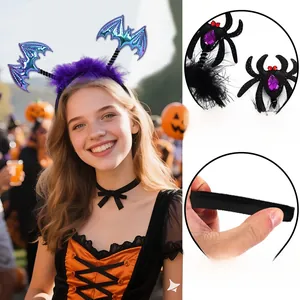 Detail of Halloween spider headband with purple feathers and flexible frame