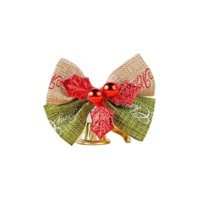Christmas burlap bow decoration with golden bell and holly berries on white background