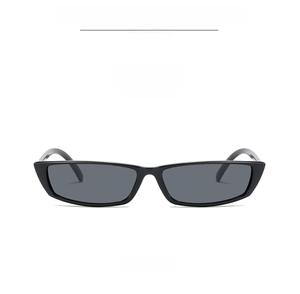 Detail view of rectangular black frame sunglasses with dark grey polarized lenses