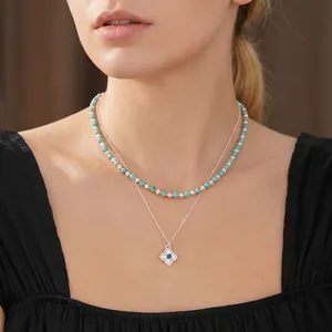 Double-layer beaded turquoise clover pendant necklace with silver chain for women