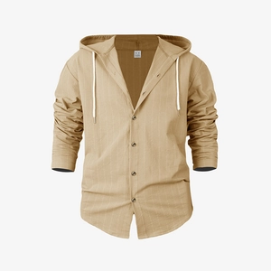 Detail of khakistriped linen hood shirt showing neck label and fabric texture
