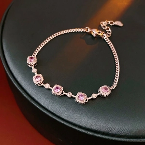 Purple Square Zircon Copper Bracelet Halo Design Adjustable Chain Heart Charm Elegant Dainty Jewelry For Women
