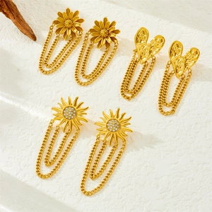 Elegant Long Chain Tassel Earrings Stainless Steel Gold Plated Heart Bowknot Sun Flower Dangle For Women Fashion Jewelry