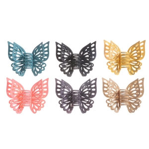 Set of 6 colorful hollow butterfly hair claws with matte finish in 2x3 grid layout