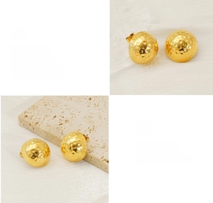 Detailed view of hammered 18K gold plated stainless steel round stud earrings
