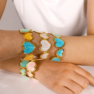Colorful Heart Enamel Open Cuff Bangle Stainless Steel 18K Gold Plated No Tarnish Fashion Jewelry For Women