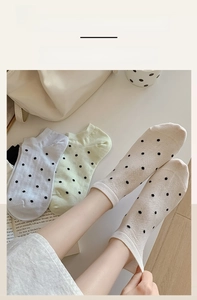 Detail view of elasticated cuffs on polka dot low cut socks in white and pastel shades