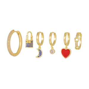 6pcs gold earring set with blue crystals, red enamel heart and moon charms