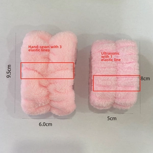 Detailed comparison of pink plush wristbands showing handmade vs ultrasonic seam quality