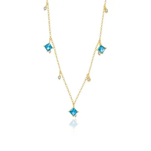 Retro 925 Sterling Silver Necklace For Women With Square Sea Blue Zircon Geometric Light Luxury Fashionable Jewelry