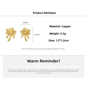 Detailed specs of gold-plated palm tree earrings with dimensions and material info