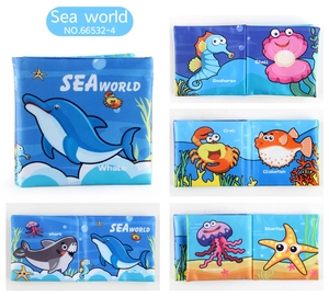 Detail of marine life soft cloth book featuring washable sea creature patterns for babies