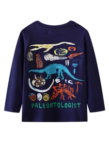 Boy's navy blue long sleeve dinosaur fossil graphic t-shirt with paleontologist text