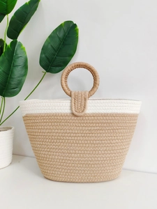 Minimalist cotton rope woven tote bag with two-tone white and brown finish for women