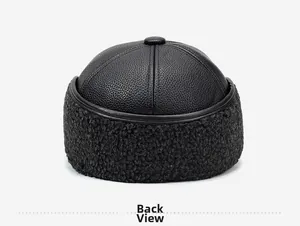 Back view of elderly men's black leather winter cap with fleece lining detail