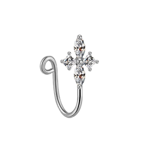Detailed view of silver heart-shaped clip-on nose ring with sparkling zircon flowers