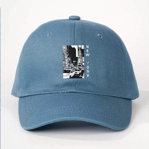 Blue cotton baseball cap featuring New York Brooklyn skyline print in casual urban style