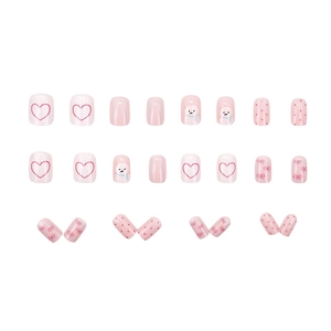 Cute pink press-on nails set with snowman and red heart patterns 24 pieces for women