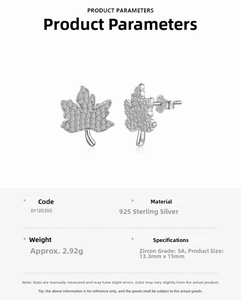 Detailed view of S925 sterling silver maple leaf studs with 5A cubic zirconia stones