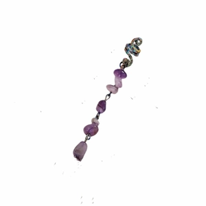 Detail of twisted metal hair jewelry with purple natural stone crystal pendants