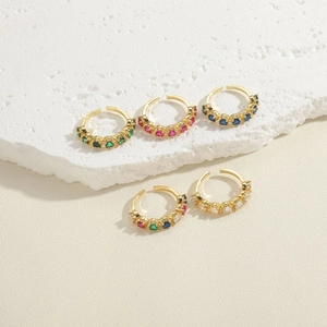 Adjustable gold rings with colorful round zircons in red, green, blue and clear stones
